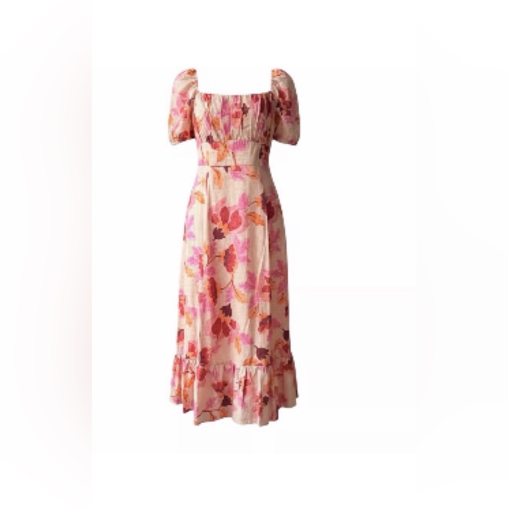 London Times Pink Floral Square-neck Puff Sleeve Empire Waist Midi Dress - Picture 5 of 9